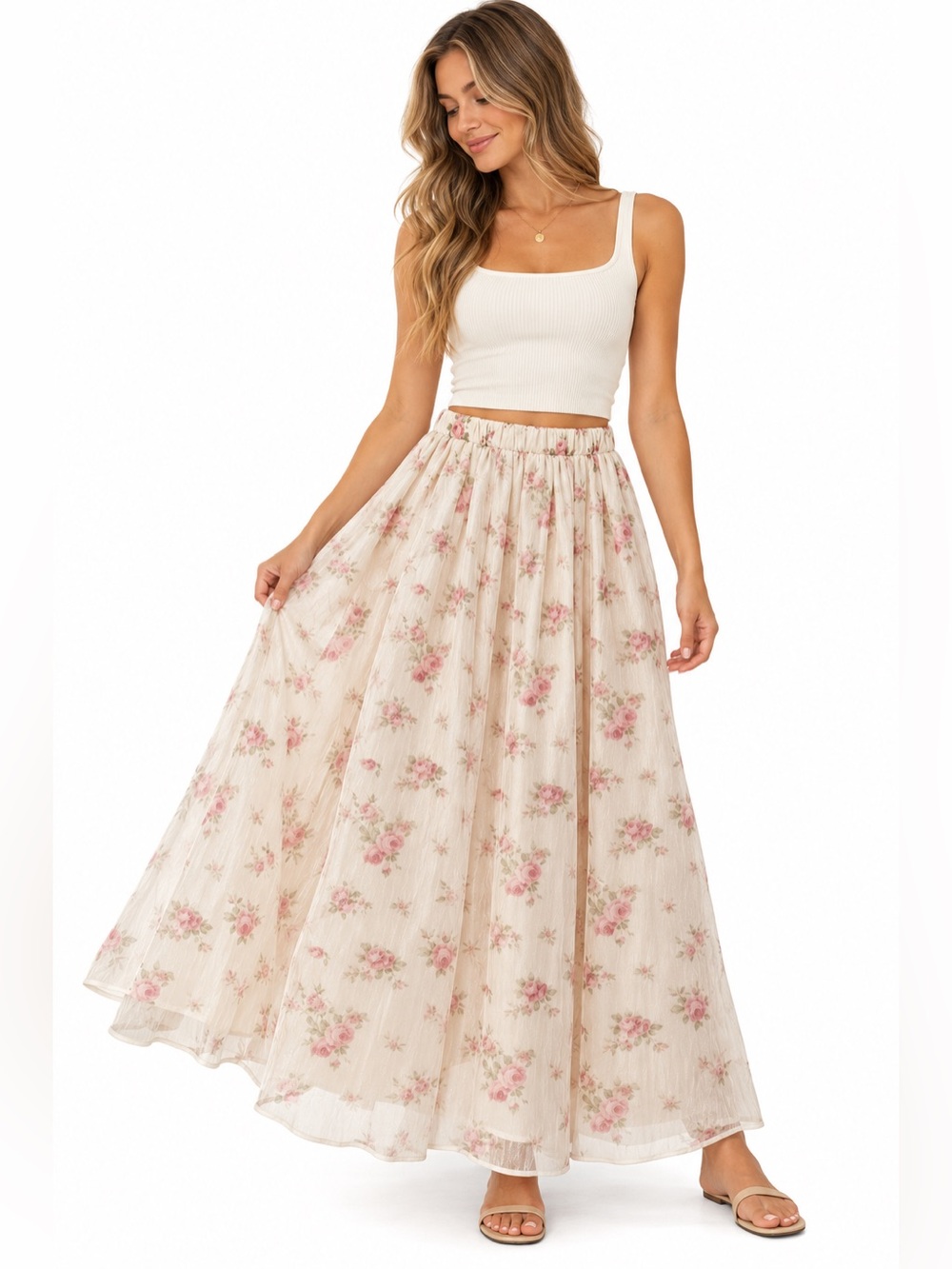 Rosie Posie Floral Sheer Chiffon Maxi Skirt Ivory Pink Size Small